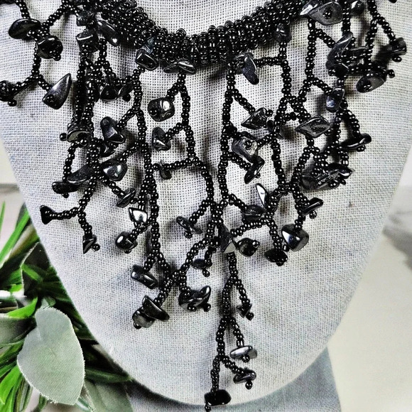 Black Glass Fringe Necklace Choker Goth Grandma Spooky Coral Dark Fairy … - Picture 2 of 10